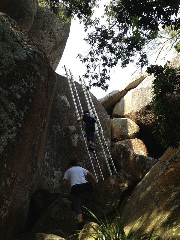 The ladders to ascend to the top of the Gunung Datuk boulders